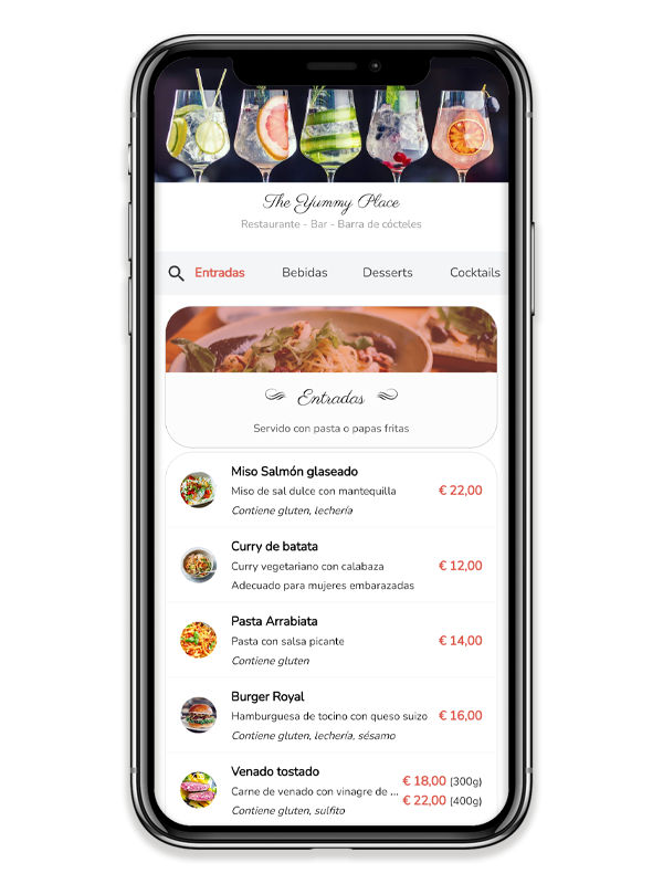 Administre su menú digital de una manera simple, económica y ecológica, permita que sus clientes vean el menú en su propio teléfono inteligente, sin instalación de ninguna aplicación, con soporte para múltiples menús, idiomas, alérgenos y eventos